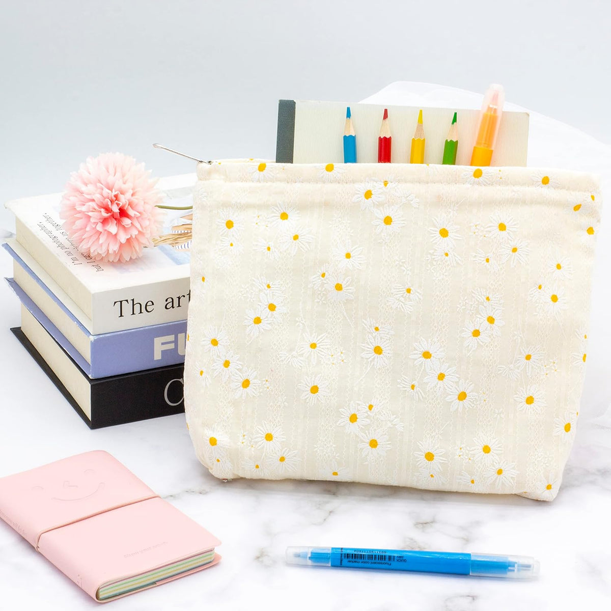PAZIMIIK Floral Makeup Bag Large Cotton Zipper Pouch for Purse Travel Canvas Make Up Organizer for Women Cosmetic,Daisy Beige