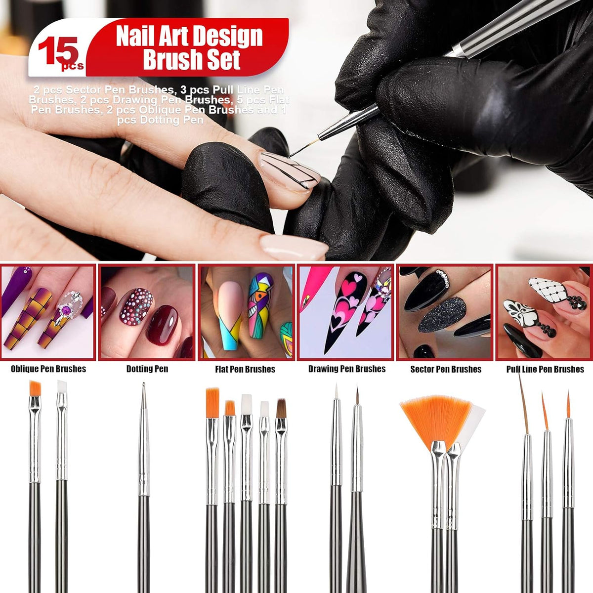 Teenitor Nail Pen Designer,Stamp Nail Art Tool with 15pcs Nail Painting Brushes, Nail Dotting Tool, Nail Foil, Manicure Tape, Color Rhinestones for Nails-Black