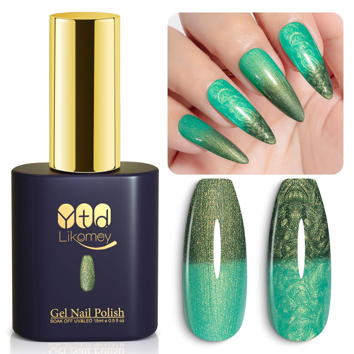 YTD Likomey Pearl Thread Color Changing Gel Nail Polish,15ml Green To Dark Green Shell Mermaid Drawing Pearlescent Shimmer Glitter Mood Temperature Change Fall Winter Thermal Ombre UV Nail Gel,WB426