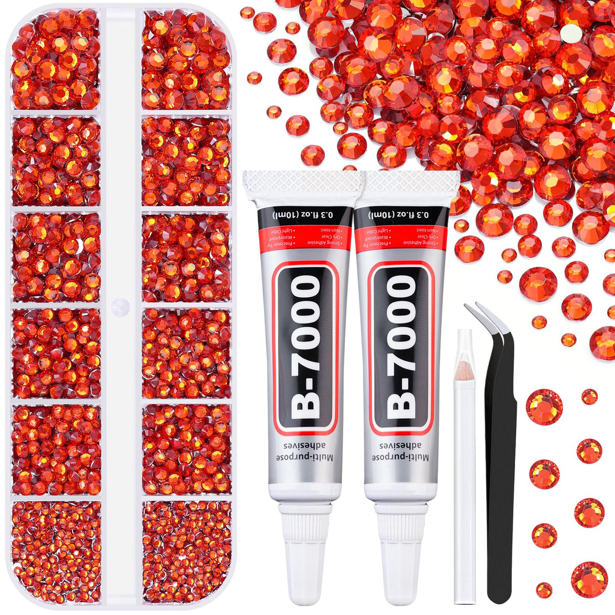 6100Pcs Resin Rhinestones for Crafting with 2Pcs 10ml B7000 Jewelry Glue, 1 Box Flatback Crystals Diamond (Red Zircon) for Bedazzling Crafts DIY Nail Art，Non Hotfix Gems for Clothing Shoes Tumblers