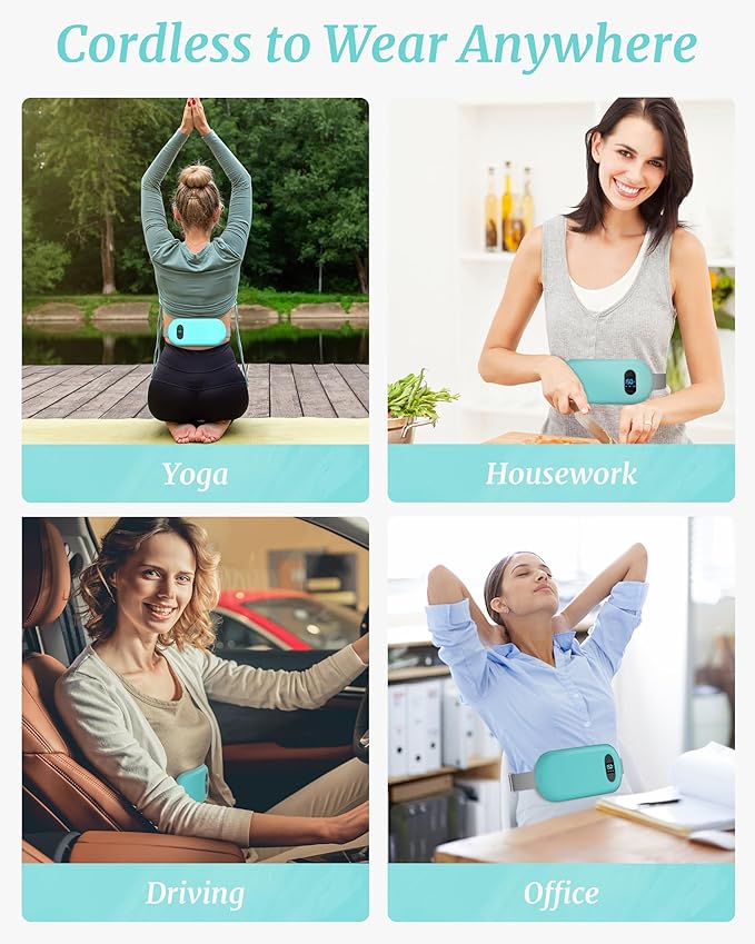 Portable Heating Pad for Cramps, Upgrade Cordless Electric Period Fast Heating Pad for Back Pain Relief Menstrual Belt 6 Heat 6 Massage Modes Gifts for Women Girls Her Girlfriend Light Blue