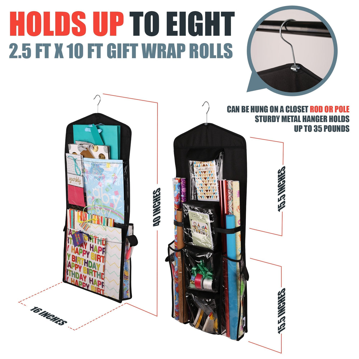 Regal Bazaar Double-Sided Hanging Gift Bag and Gift Wrap Organizer (Black)