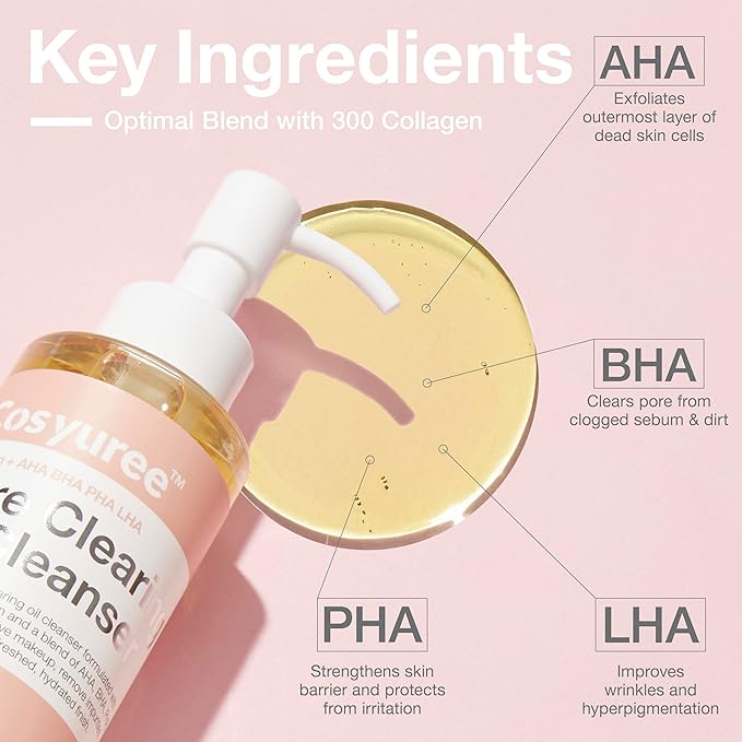 Collagen Pore Cleaning Oil Cleanser for Face by COSYUREE– AHA BHA PHA LHA Oil for Deep Cleansing, Face Cleansing, Hydration, and Makeup Removal, Korean Skincare with Lemon & Lavender