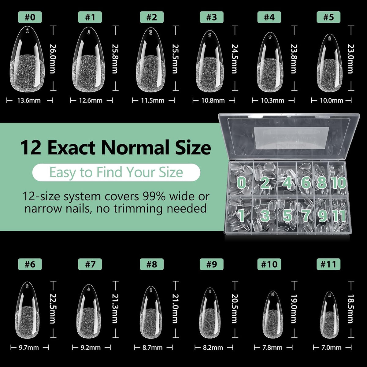 Medium Almond Nail Tips, 216pcs Acrylic Fake Nails Gel Nail Tips Soft, Full Cover Pre-Shaped Matte Clear Press on Nails for Extension, Diy at Home Manicure 12 Sizes