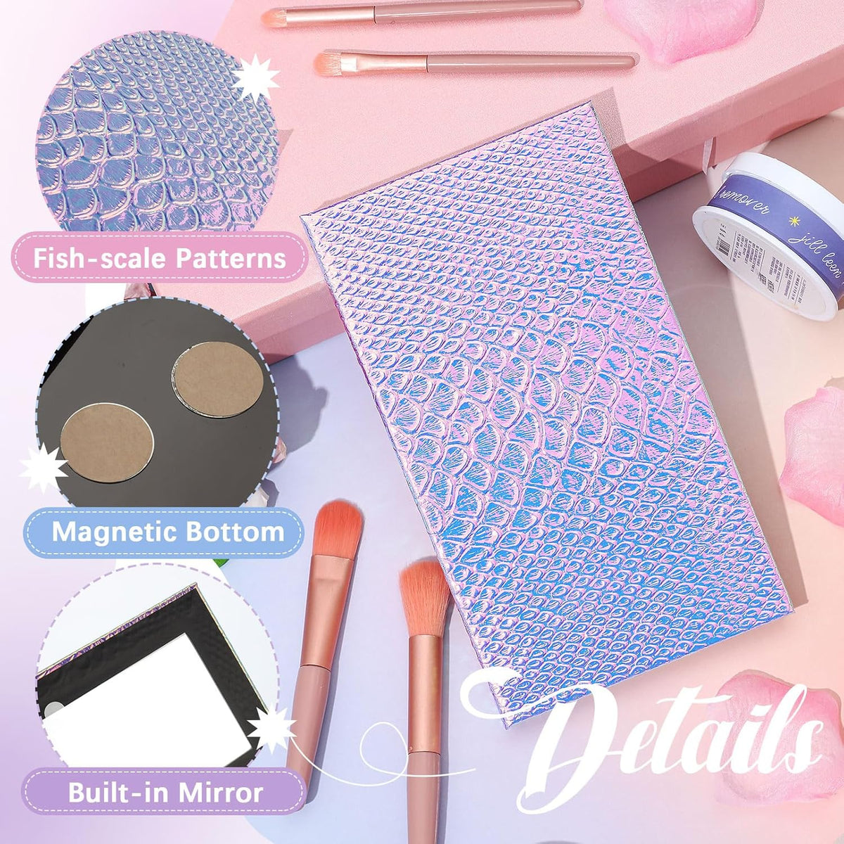 2 Pieces Magnetic Palette Mermaid Empty Palette with Mirror and 36 Pcs Adhesive Metal Empty Palette Stickers Large Mermaid Makeup Empty Palette for Eyeshadow Lipstick Blush Powder