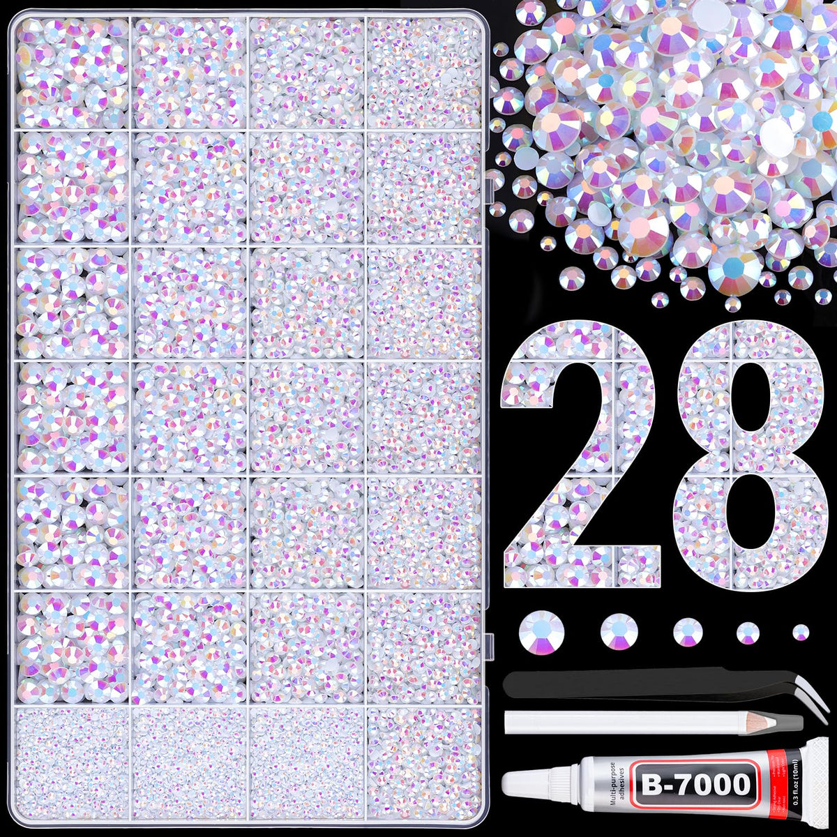 30000Pcs Resin Rhinestones for Bedazzling with Tweezers, White AB Rhinestones for Crafting with B7000 Jewelry Glue for DIY Crafts Clothing Tumblers Shoes Fabric Nail Art