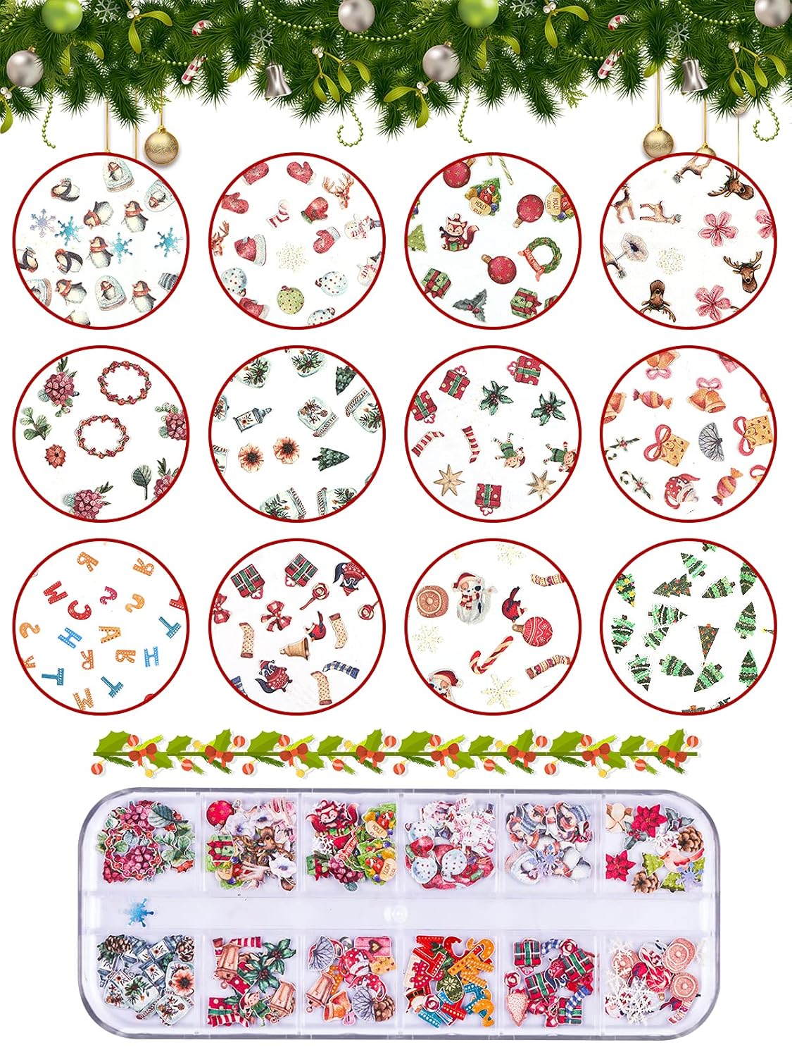 Kalolary 2 Boxes Christmas Nail Art Sequins Sticker, 3D Santa Claus Snowflake Elk Decals for Acrylic Nails, Christmas Tree Wood Pulp Glitter Flakes for Winter Nail Art Decorations