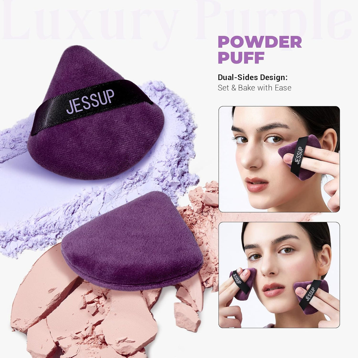 Jessup Powder Puff, 2pcs Triangle Powder Puff Soft for Foundation Setting and Baking, Reusable, Washable, Purple SP018