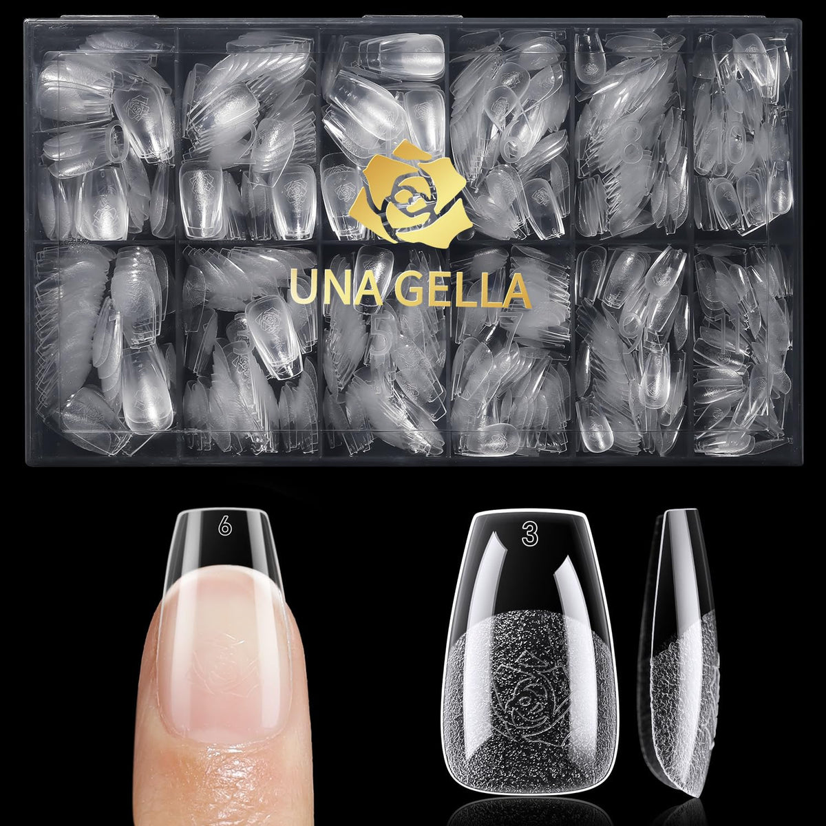UNA GELLA Short Coffin Nail Tips, 600Pcs Short Coffin Gel Nails Tips Pre Etched 12 Sizes Soft Gel Fake Nails Tips Pre-file Full Cover for Nail Extension Home DIY Salon with Box