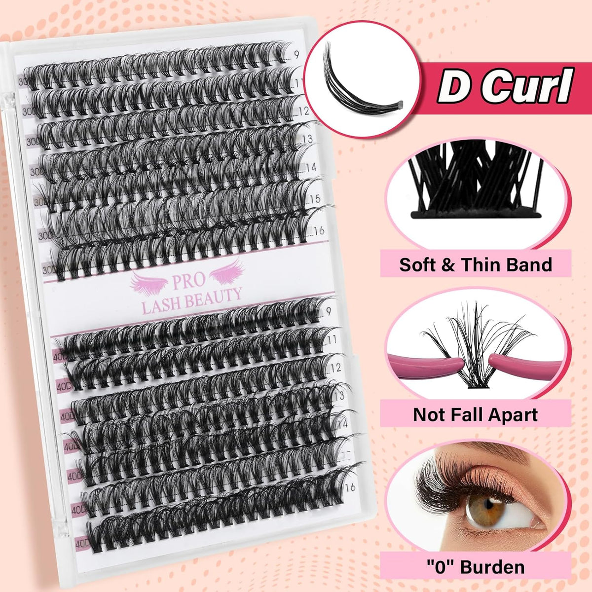 Individual Lashes 280 Pcs 30D+40D Mixed Lash Clusters 14 Rows that Look Like Eyelash Extensions DIY Lash Extension Self Application At Home (30+40-D-9-16mix)