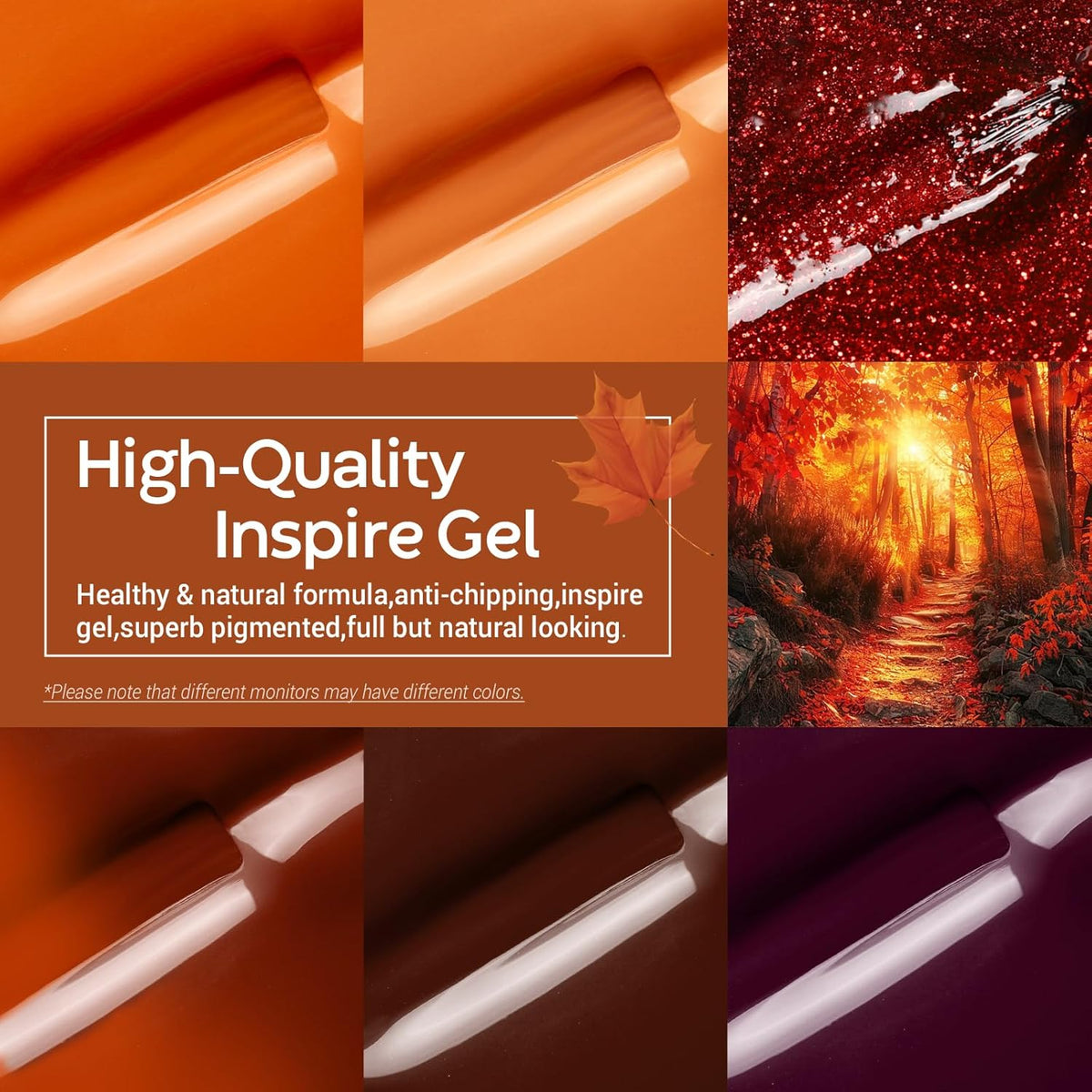 Modelones Fall Gel Nail Polish Set, 6 Colors 2025 Maple Burnt Orange Brown Maroon Burgundy Red Glitter Gel Polish Cherry Mocha Turkey Pumpkin Color Changing Nail Polish Halloween Manicure LED DIY Gift
