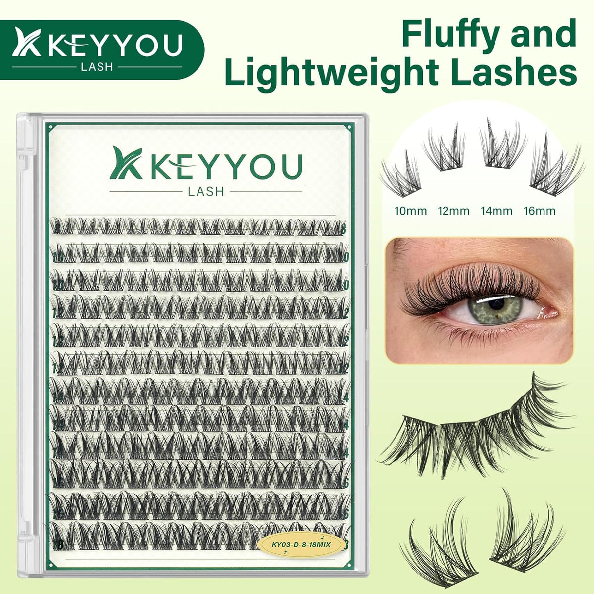KEYYOULASH Lash Clusters Manga Lash Extension D Curl 144pcs 8-18mm Wispy Eyelash Clusters Natural Volume Eyelash Extensions Individual Lashes DIY at Home(KY03,D-8-18MIX)