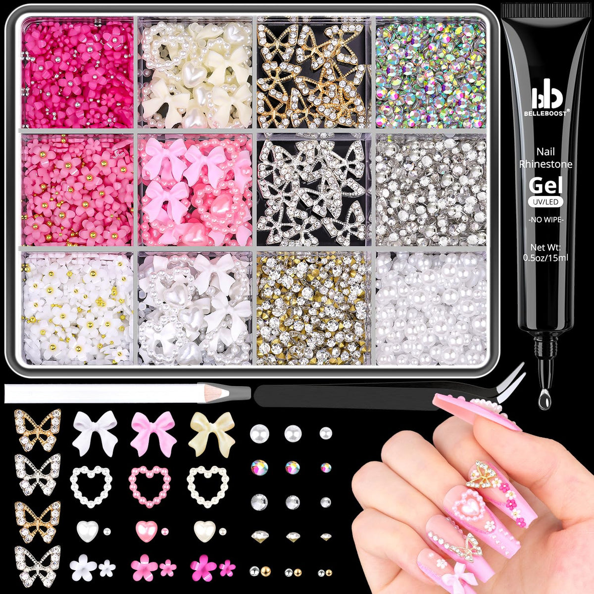3D Nail Charms and Gems Set 8 with Rhinestone Glue, 20PCS Chunky Butterfly Charms + 75PCS Coquette Nail Bows and Hearts + 3D Flowers with Crystals, Pearls, Diamonds and Picker Tools for Y2K Nail Decor