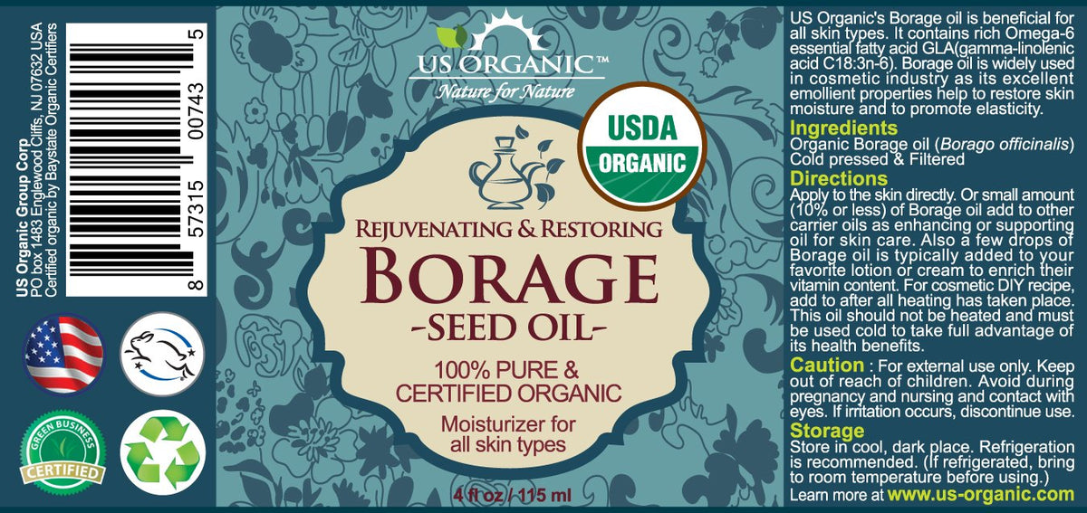 US Organic Borage seed Oil (18% GLA), USDA Certified Organic, 100% Pure & Natural, Cold Pressed, aka Starflower oil, in Amber Glass Bottle w/Eye dropper for Easy Application (4 oz (115 ml))
