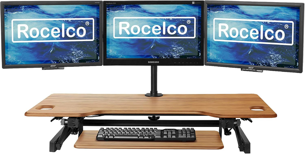 Rocelco 46" Large Height Adjustable Standing Desk Converter with Triple Monitor Mount BUNDLE - Sit Stand Up Computer Workstation Riser - Retractable Keyboard Tray - Teak Wood Grain (R DADRT-46-DM3)
