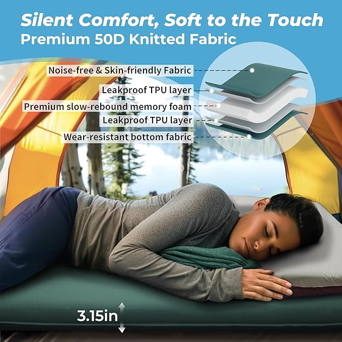 Self Inflating Sleeping Pad with Electric Air Pump, 3.15" Thick Foam Camping Mattress for Superior Comfort & Support, 9.5 R-Value Insulated Sleeping Mat, 4-Season Camping Pad for Tent, Cot (Green)