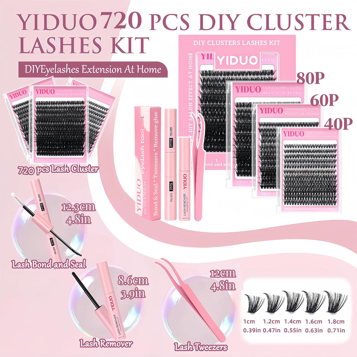 3 Styles Lashes Cluster Kit 720Pcs Eyelash Extensions Kit 40P+60P+80P Bulk Pack D Curl Volume False Eyelashes DIY Individual Wispy Fake Eye Lashes Combo Packs with Bond&Seal |Tweezers | Removers