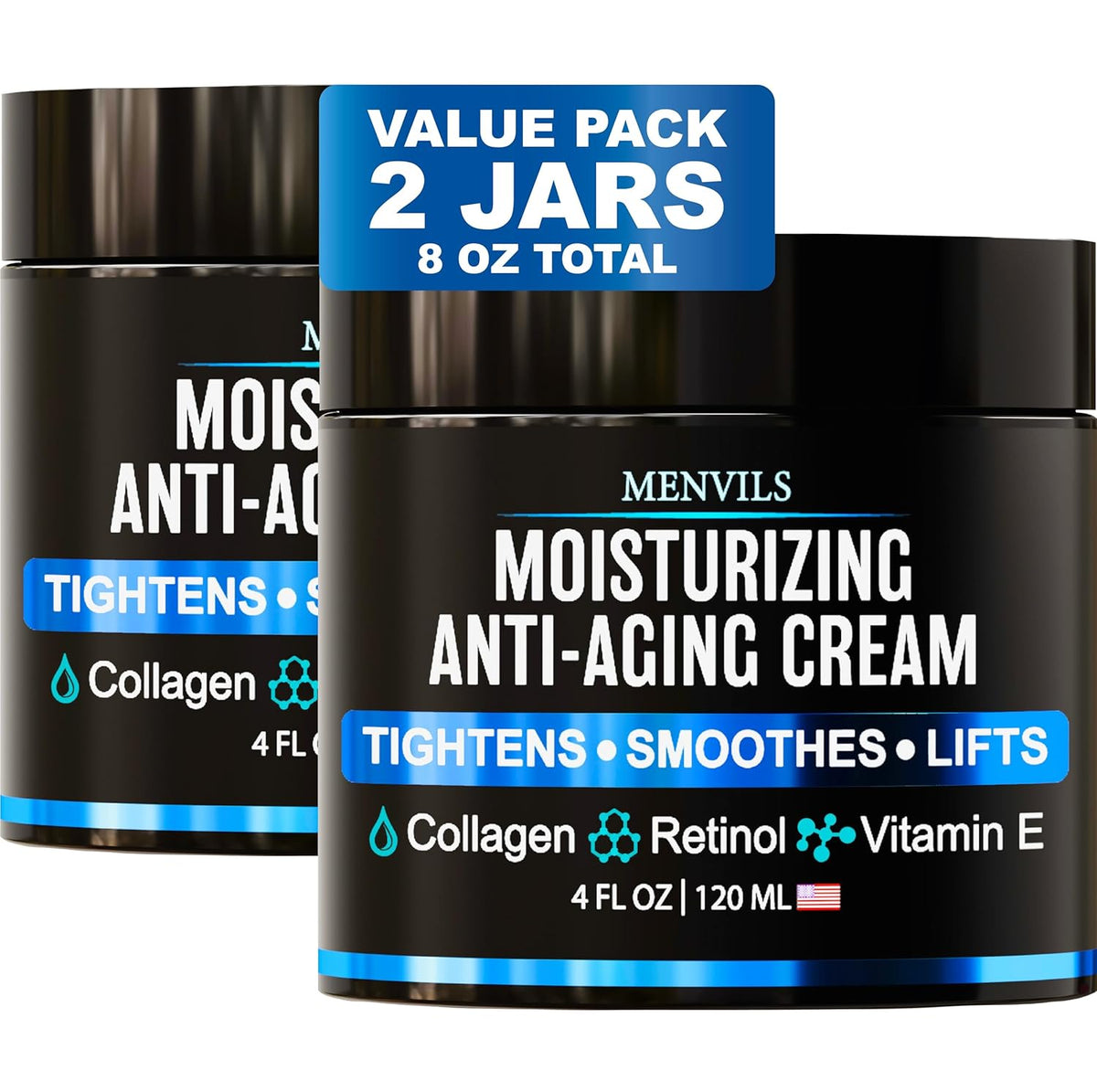 (2 Pack) Mens Face Moisturizer Cream - Anti Aging & Wrinkle for Men with Collagen, Retinol, Vitamins E, Jojoba Oil - Face Lotion - Age Facial Skin Care - Eye Wrinkle - 8 oz Total
