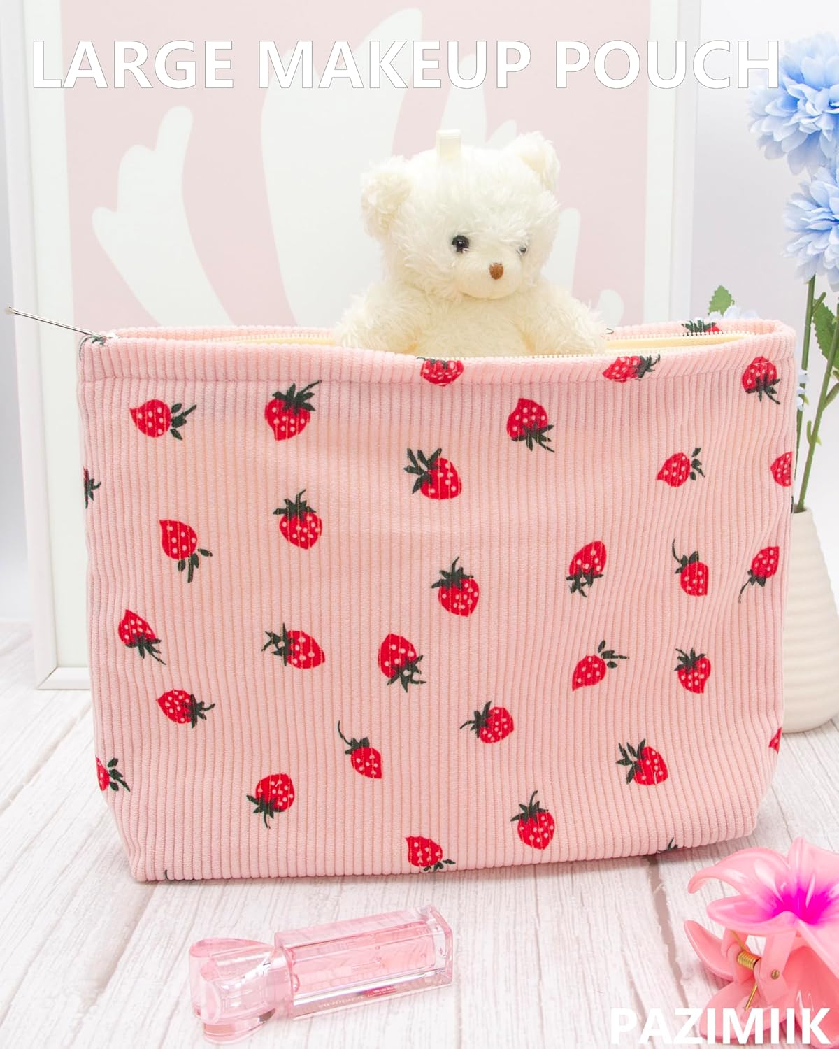 Makeup Bag Large Cotton Zipper Pouch for Purse Travel Canvas Make Up Organizer for Women Cosmetic,Strawberry Pink