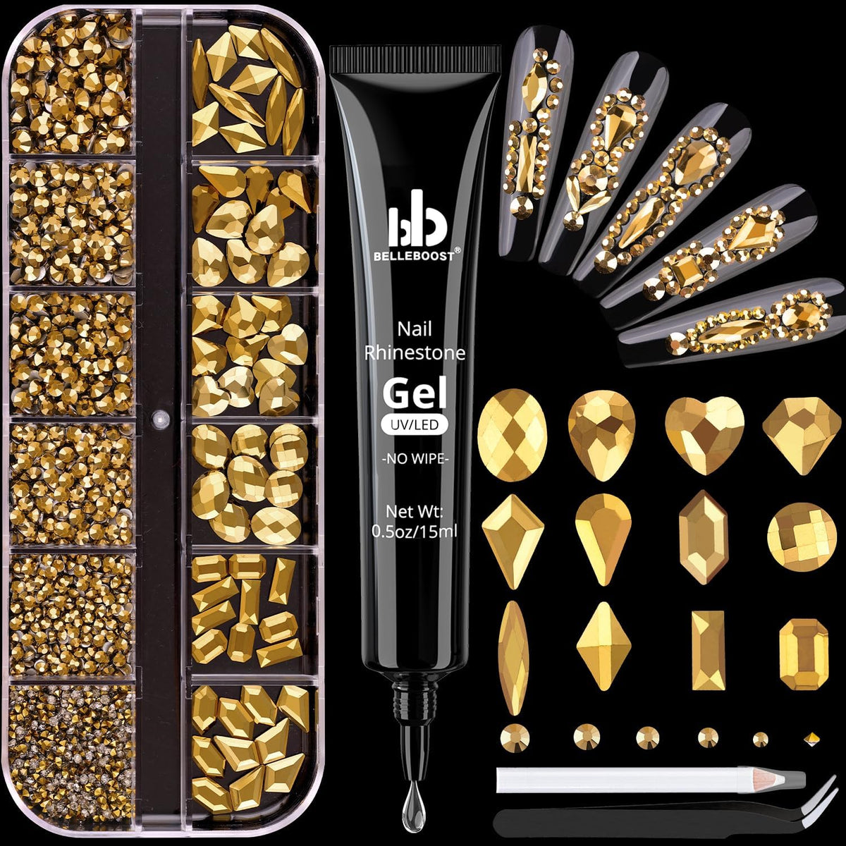 2060Pcs Mineral Gold Glass Nail Rhinestones 60Pcs Multi Shapes Flatback Nail Gems + 2000Pcs 1.5-4mm Round Crystal with Rhinestones Glue Gel, Manicure Nail Charms Diamond Gemstones for Nail Art