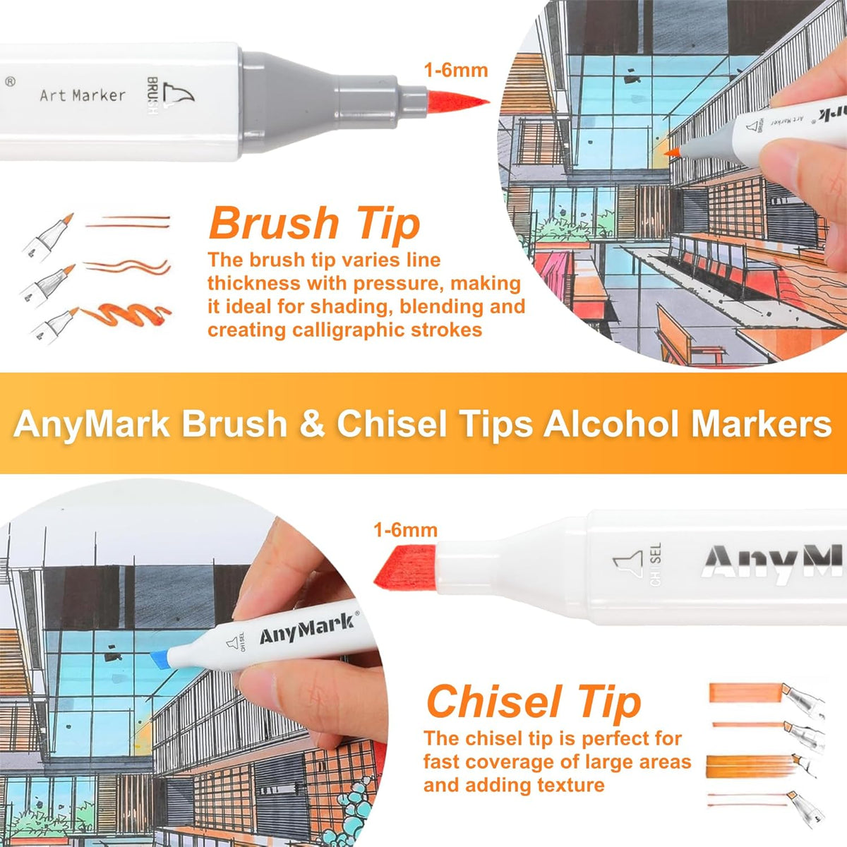 AnyMark Alcohol Markers Brush Tip, 80+1 Colors Dual Tip Brush & Chisel Alcohol-Based Art Markers Set with Case for Adult Artists Drawing Coloring