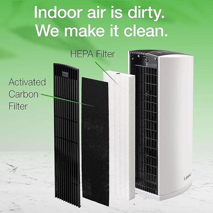 Lasko LP300 HEPA Tower Air Purifier with Timer for a Cleaner, Fresher Environment –2-Stage Filtration Removes Smoke, Odors, Pet Dander, Virus Sized Particles, Pollen, Dust, 21.6" x 7.3” x 10.3”, White