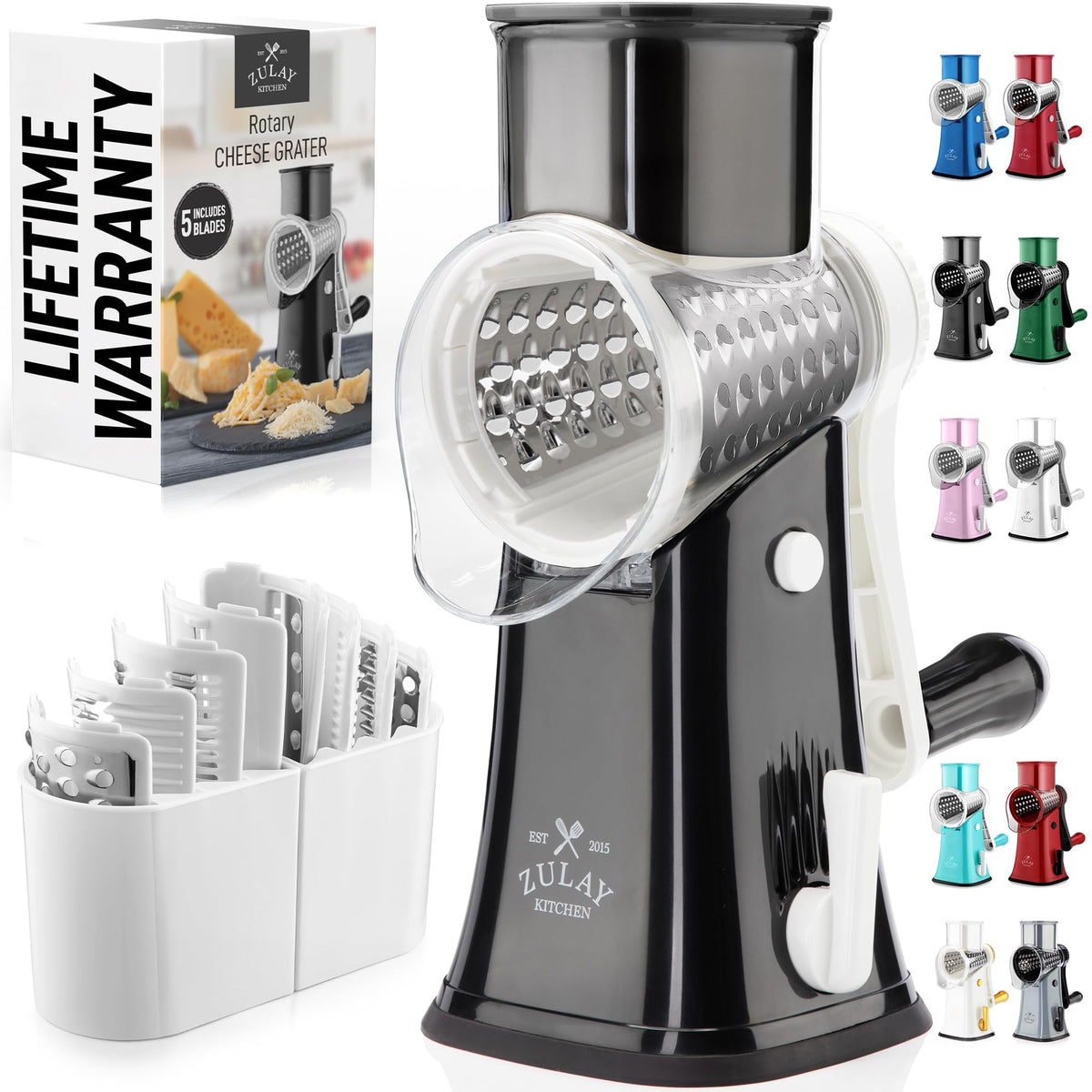 Zulay Kitchen Rotary Cheese Grater 5 Blade Cheese Shredder - Manual Hand Crank Cheese Grater With Reinforced Suction & 5 Interchangeable Drums - Easy to Use, Vegetable Chopper Round Mandoline Slicer