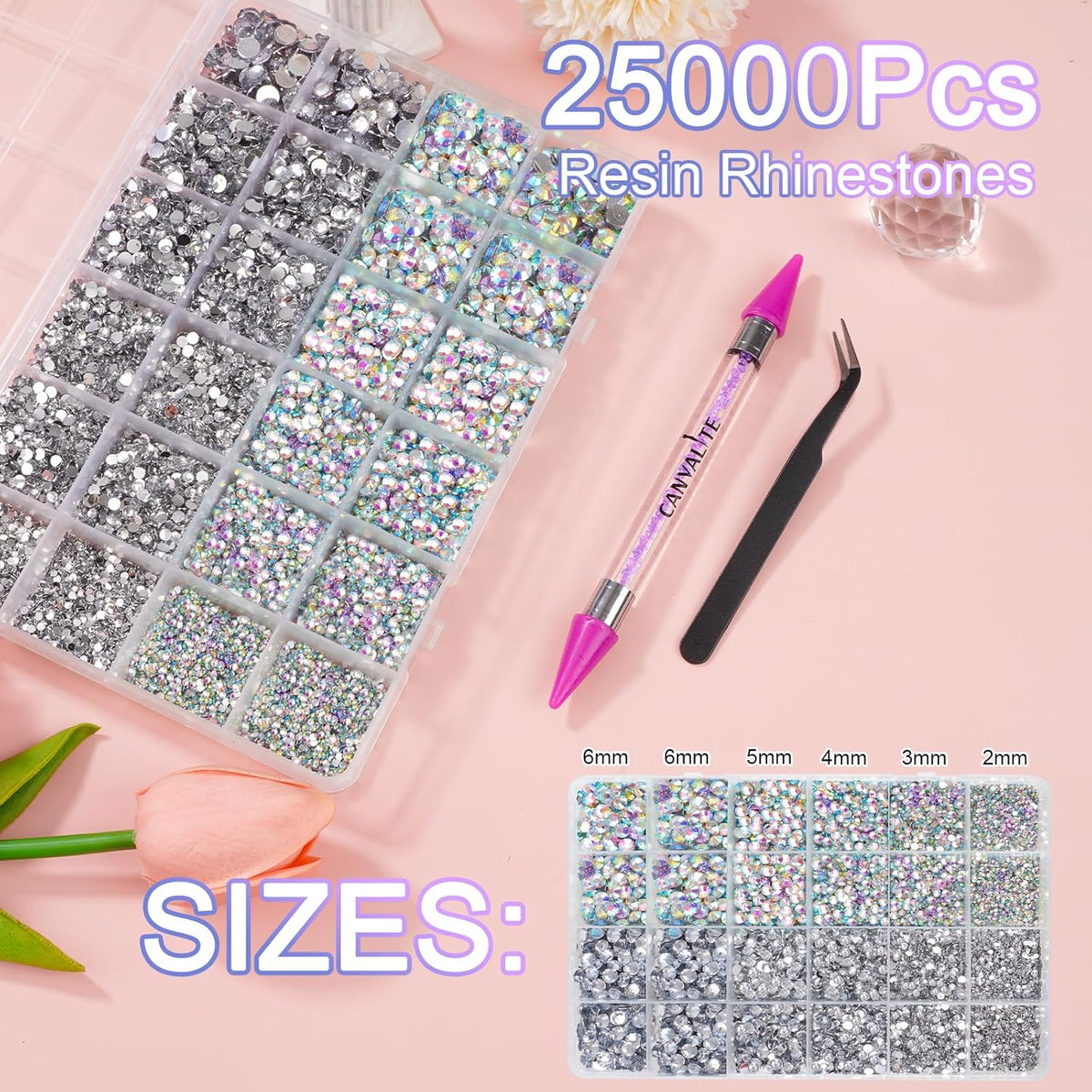 Canvalite 25000PCS Resin Jelly Rhinestones for Crafting,Clear AB Flatback Gems, Bedazzling Crystal with 5 X 2.5g B7000 Jewelry Glue and Tweezers and Dotting Pen for DIY Crafts Clothing Shoes Nail Art