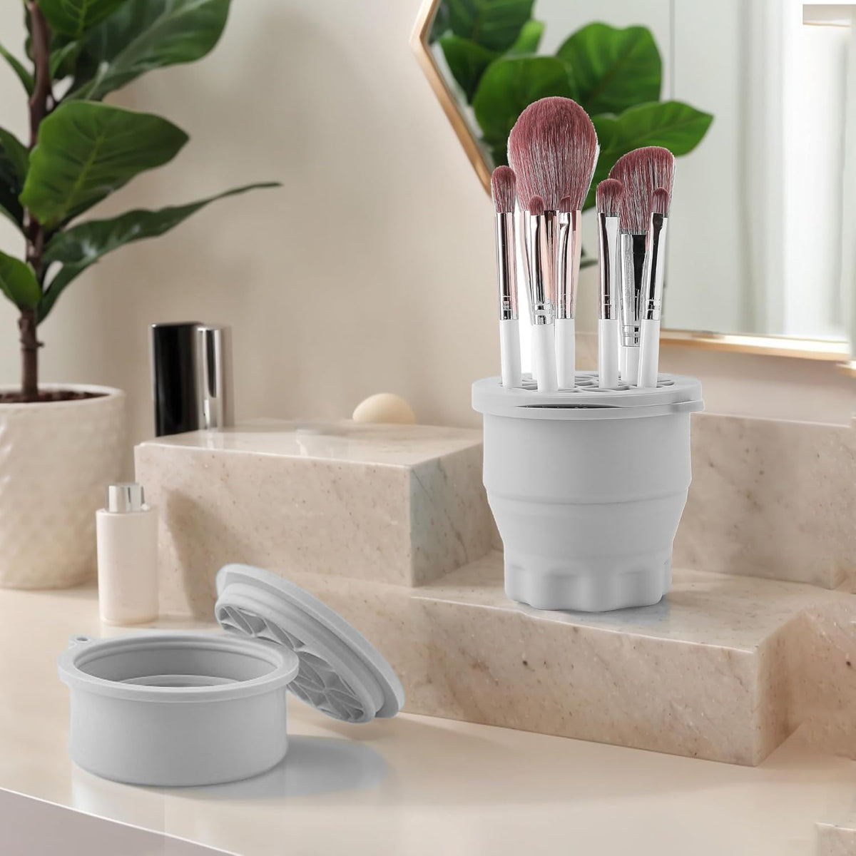 Makeup Brush Cleaner - Foldable Silicone Makeup Brush Cleaner Mat with Brush Storage Holder Makeup Brush Cleaning Bowl Cosmetic Brush Washing Tool for Cleaning Organizer and Drying (Grey)