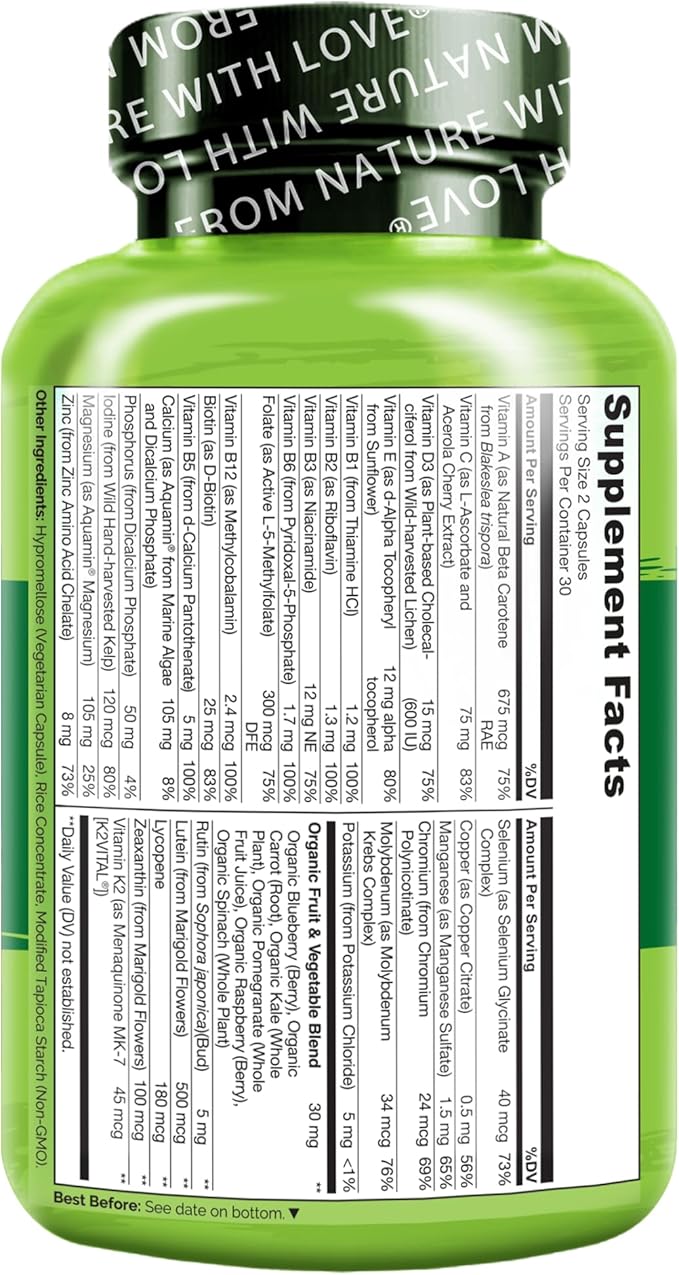 NATURELO Teen Multivitamin - Whole Food Multivitamin for Teenage Boys - Minerals Supplement for Active Kids - with Plant Extracts - Non-GMO - Vegan & Vegetarian - 60 Capsules