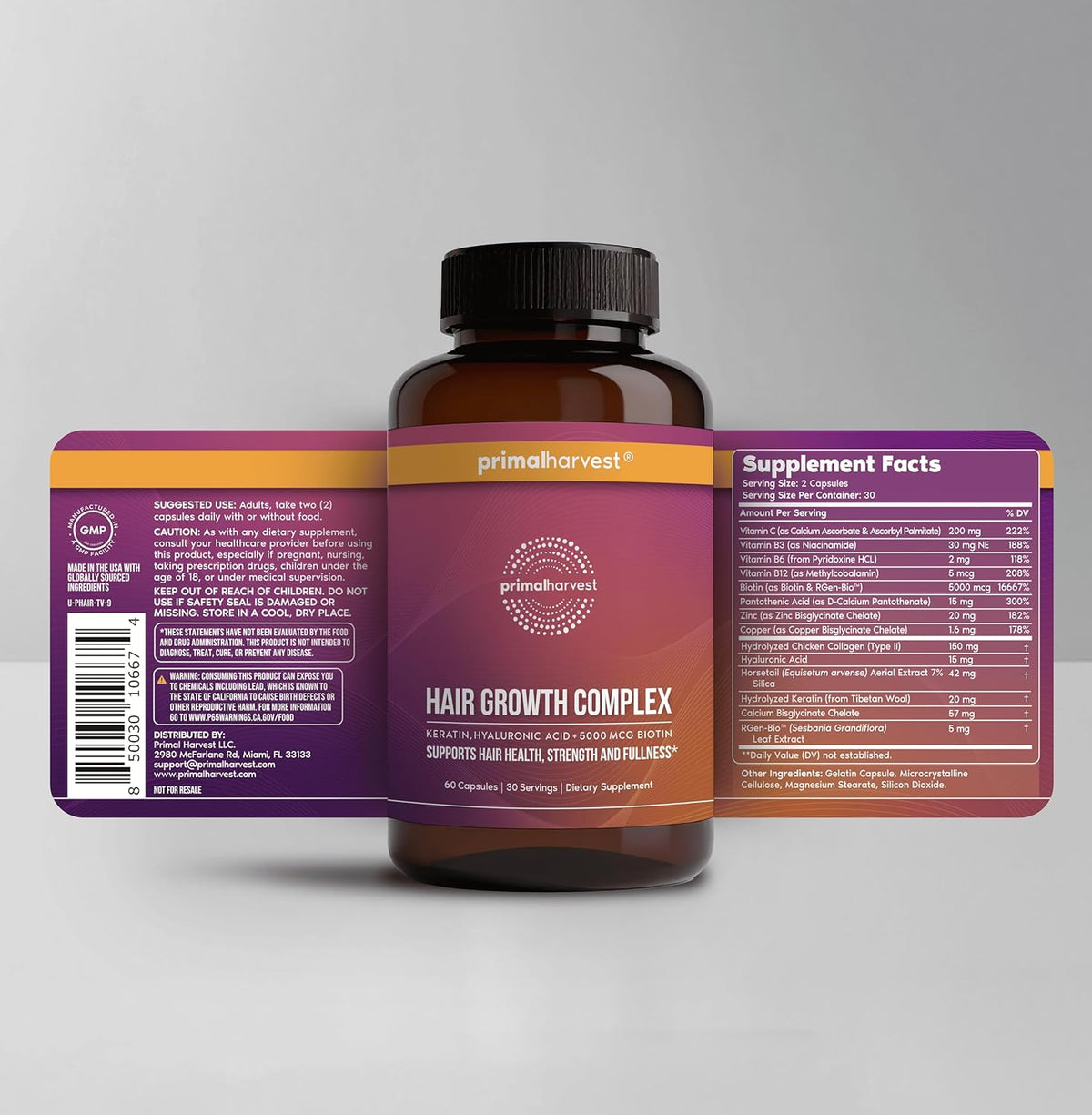 Primal Harvest Hair Growth Vitamins, Hair Growth for Women & Men - 60 Hair Growth Pills, Natural Hair Thickening Products for w/Biotin & Zinc - Hair Supplement, Regrowth Hair Vitamins