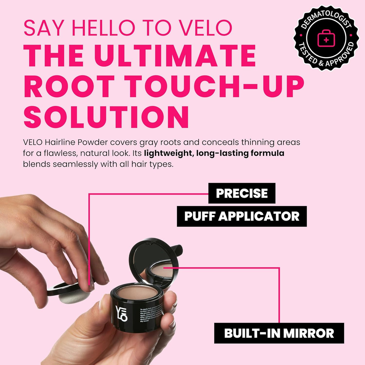 VELO Hairline Powder–LIGHT BROWN Hair Root Touch Up Powder for Women & Men–Instantly Covers Gray Hair, Thinning Hair & Bald Spots–Sweatproof Root Cover Up–Puff & Mirror Compact 13 Shades