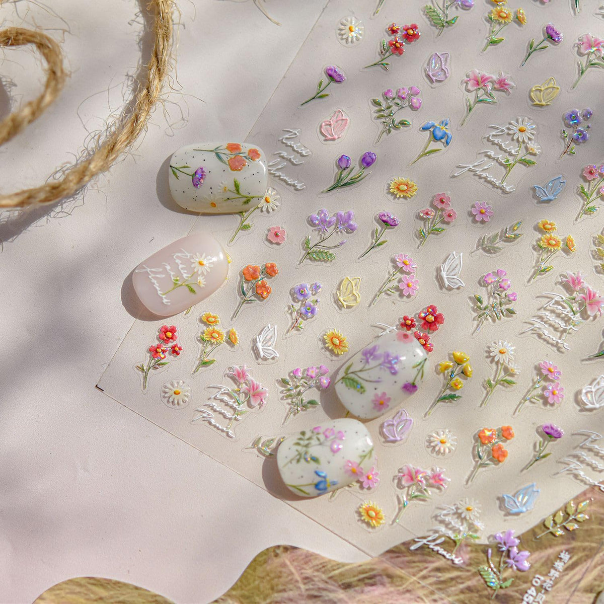 Flowers Nail Art Stickers for Acrylic Nails Colorful Flower Nail Decals 5D Embossed Self Adhesive Daisy Nail Sticker with Butterfly Designs Nail Stickers Spring Cute Floral Nail Decal for Women