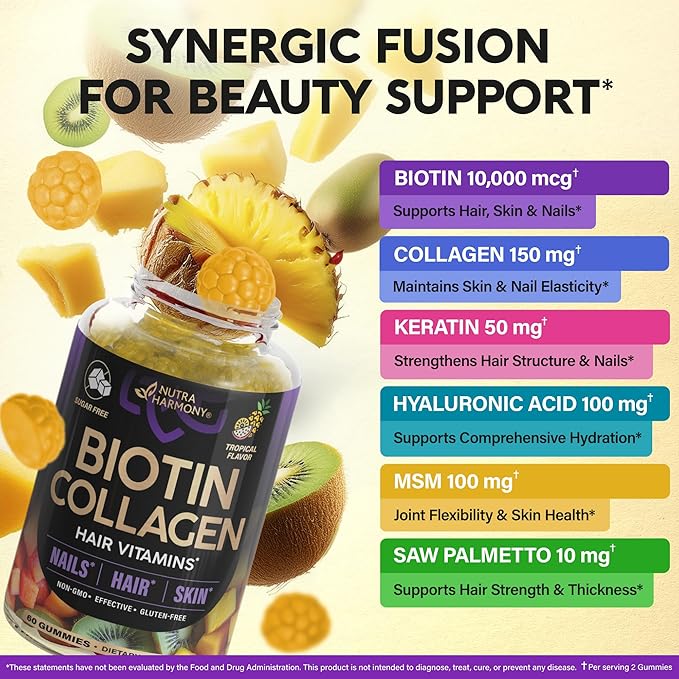 Biotin Gummies with Collagen - Hair Growth Support Skin & Nail Strength - for Women & Men - Biotin 10000mcg | Keratin | Hyaluronic Acid | B-Complex | Saw Palmetto - Sugar-Free, Tropical Mix - 60 Gummy