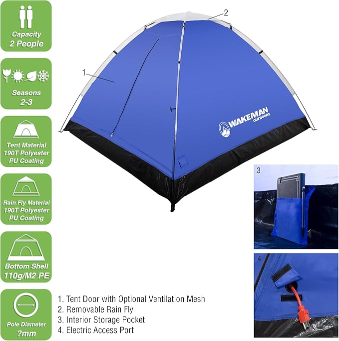 2-Person Tent – Water-Resistant Dome Tent with Removable Rain Fly and Carry Bag for Camping, Backpacking, Hiking, and Festivals by Wakeman (Blue)