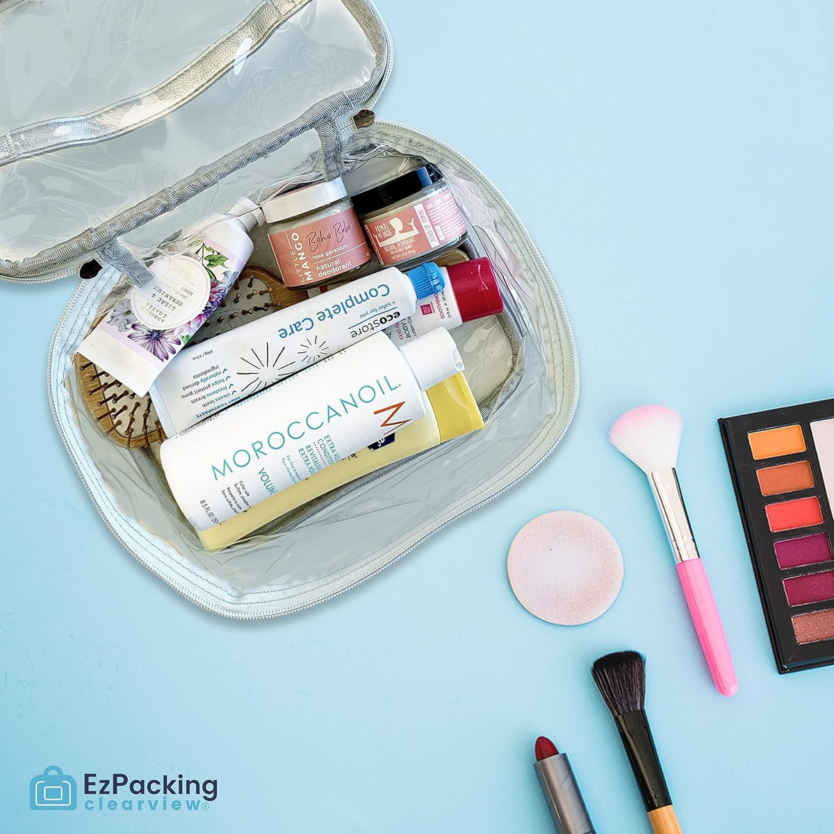 Large Cosmetic Bag for Women / Clear, See-Through Makeup, Hair & Nail Accessories Pouch for Travel or Home / Transparent PVC Plastic Organizer, Spacious Interior, Handle & Double Zippers (Silver)