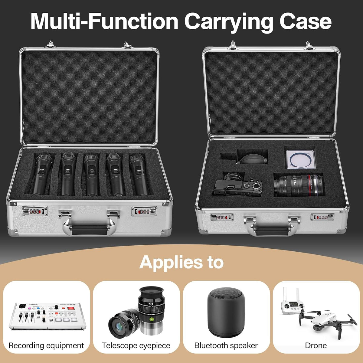 Combination Lock Box - Locking Storage Case with Customizable Foam, 16.9" Portable Lockable Case for Personal Items, Valuables, Documents, Briefcase for Jewelry, Cash, Medications, Silver