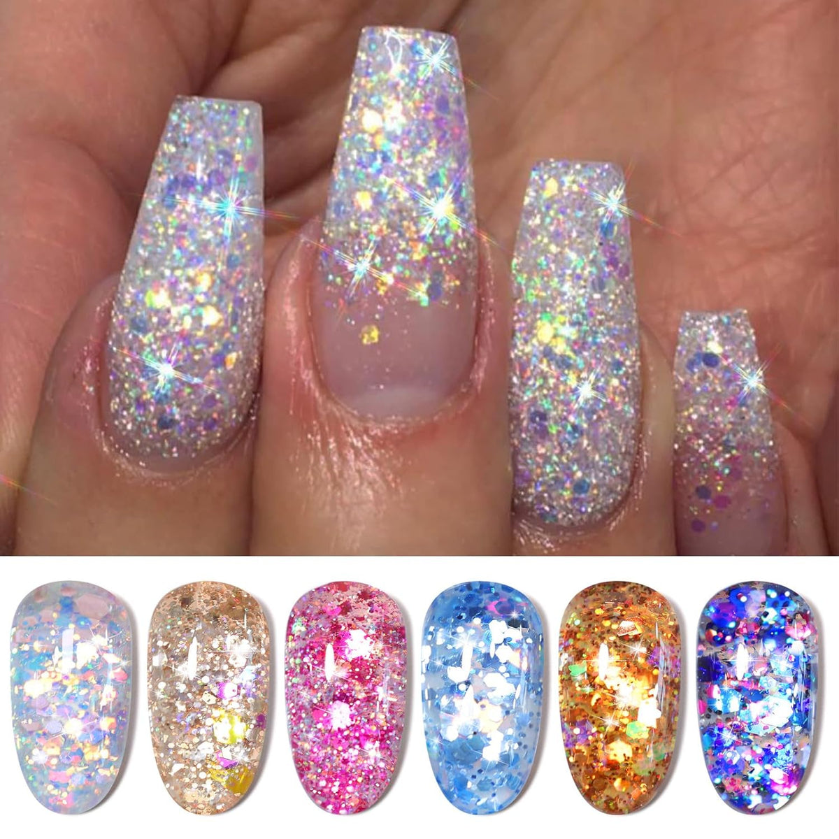 Born Pretty Glitter Sequins Gel Nail Polish, Sparkle Shiny Gel Polish, Pink Blue Gold Platinum Holiday Gift Gel Polish Design, Nail Art Starter Manicure Salon DIY at Home 7ML 6PCS