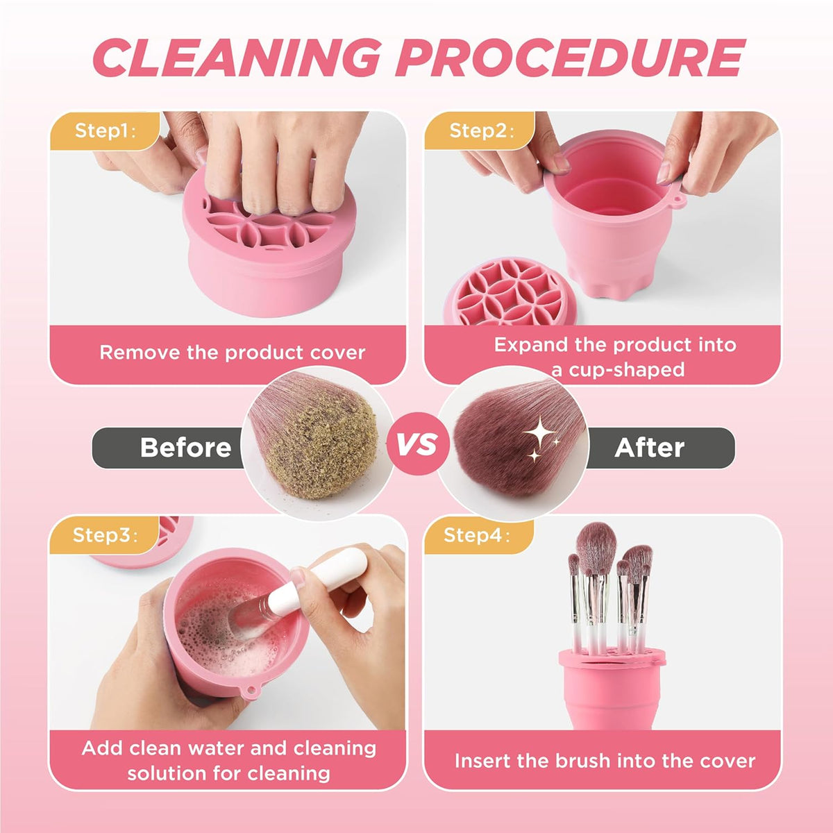 Makeup Brush Cleaner - Foldable Silicone Makeup Brush Cleaner Mat with Brush Storage Holder Makeup Brush Cleaning Bowl Cosmetic Brush Washing Tool for Cleaning Organizer and Drying (Pink)