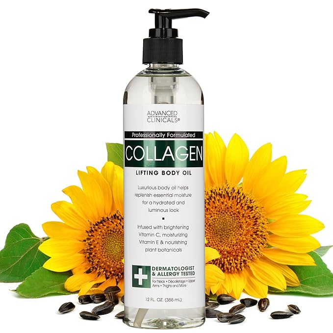 Advanced Clinicals Hydrating Collagen Oil For Body & After Shower | Visible Anti Aging Skincare Moisturizer Collagen Body Oils For Women & Men Helps Soften Appearance Of Crepey Skin, Large 12 Fl Oz