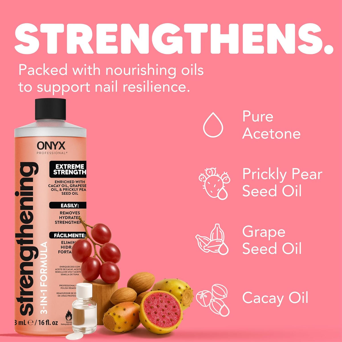 Onyx Professional 3-in-1 Strengthening Nail Polish Remover with 7 inch Nail File, 16 fl oz - Removes Nail Polish, Hydrates, Strengthens Nails | Infused with Grapeseed Oil, Cacay Oil, Cactus Seed Oil