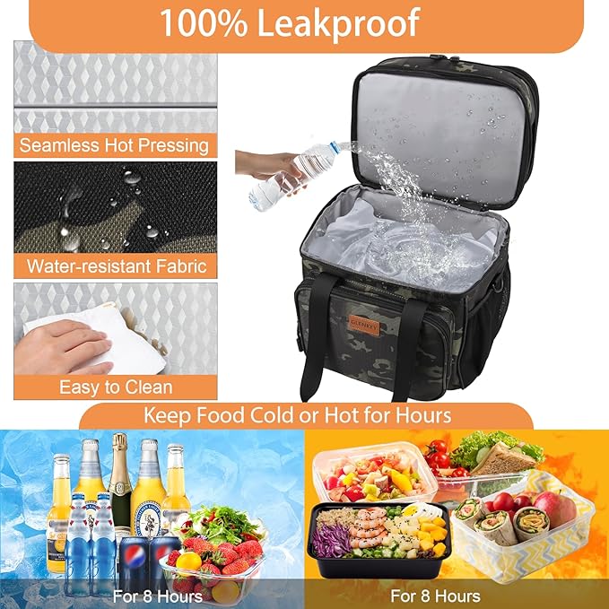 Expandable Large Insulated Lunch Box, Heavy Duty Lunch Cooler Bag Durable Leakproof Lunch Pail for Men Women Adults Work Shift Outdoor Picnic Camping Road Trip, 24 Can, Black-Camo, GLENKEY