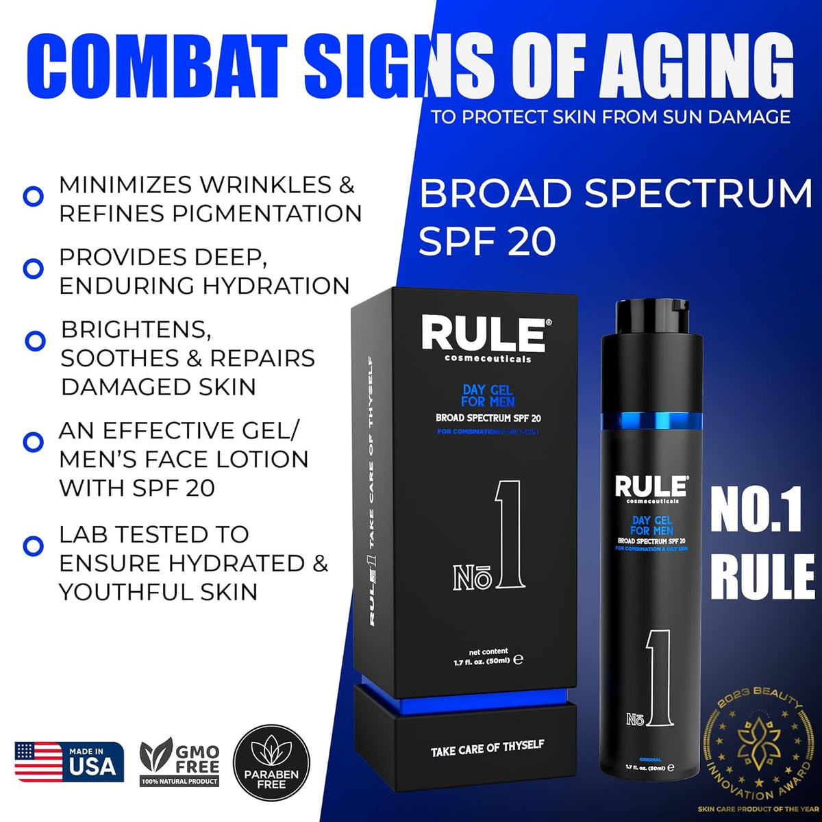 No.1 Day Gel for Men, 10-in-1 Anti-Aging Face Moisturizer to Reduce Wrinkles, SPF 20, Collagen, Vitamins B, C & E - Combination & Oily Skin - Original, 50 mL