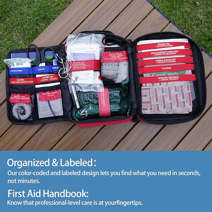 Premium First Aid Kit with Labelled Compartments, Molle System Trauma Kits for Car, Home, Hiking, School, Professional Medical Kits for Outdoor Emergencies & Home Medical Supplies -221 Pieces Set