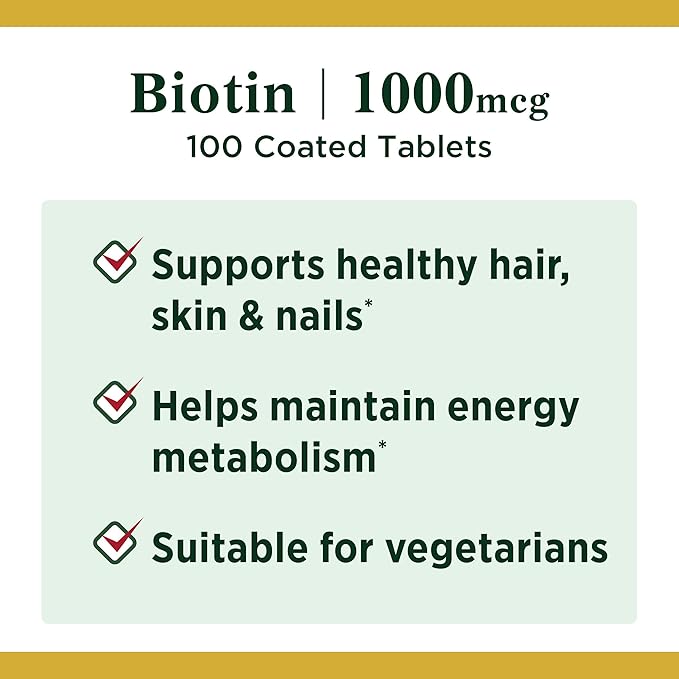 Nature's Bounty Biotin, Vitamin Supplement, Supports Metabolism for Cellular Energy and Healthy Hair, Skin, and Nails, 1000 mcg, 100 Tablets (Pack of 4)