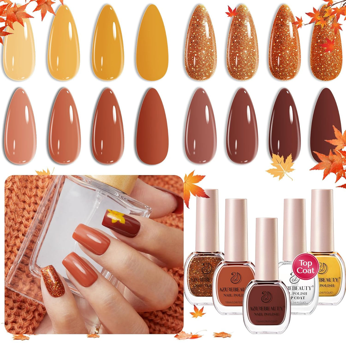 AZUREBEAUTY Fall Nail Polish Set, 4 Colors Yellow Orange Brown Glitter Quick Dry Natural Nail Lacquer Strengthening Treatment Kit with Top Coat DIY Salon at Home