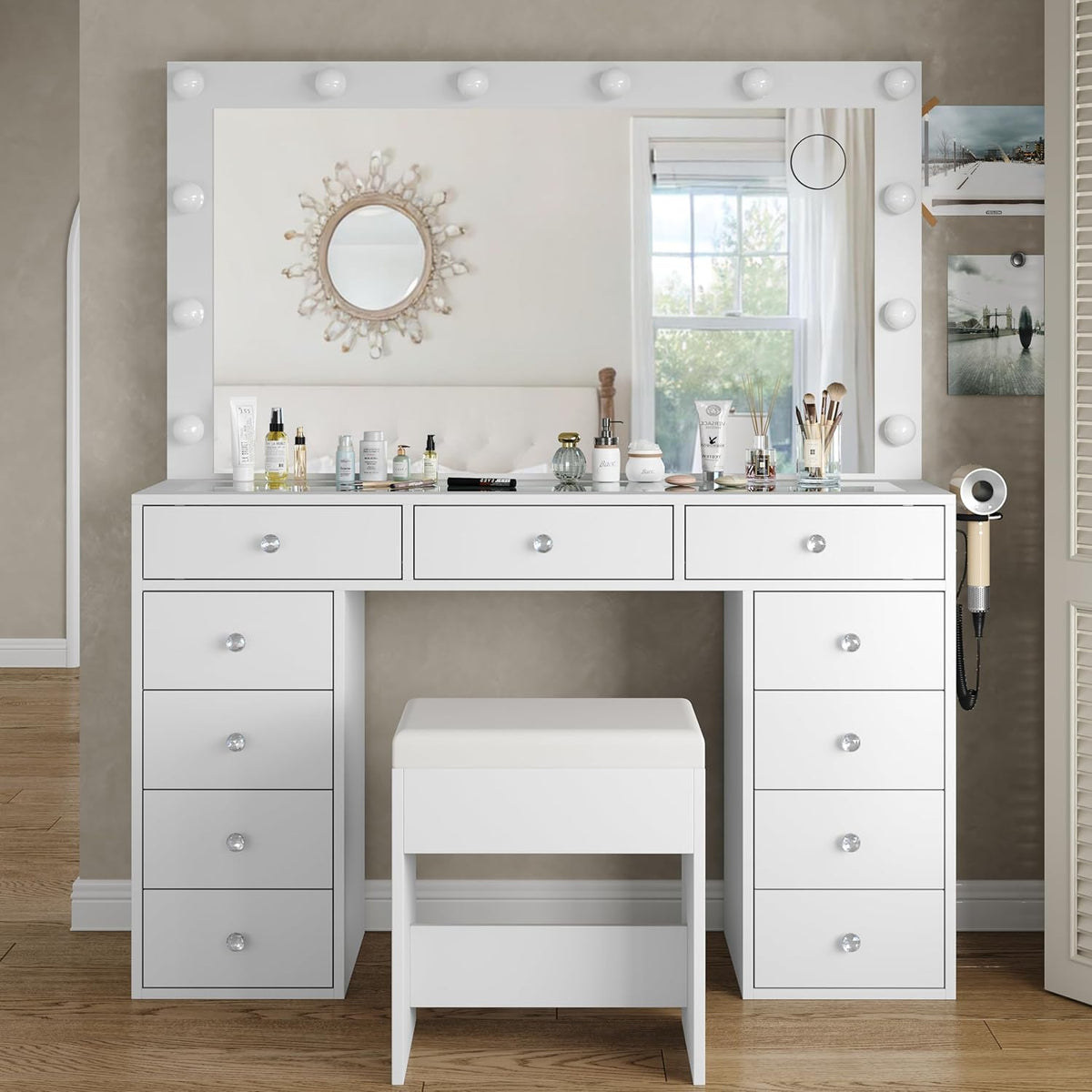 Vanity Desk & Power Outl, Makeup Vanity with Mirror and 12 LED Lights, Makeup Table with 11 Drawers, Vanity Table with Chair,Set 3 Lighting Modes Brightness Adjustable-(White)