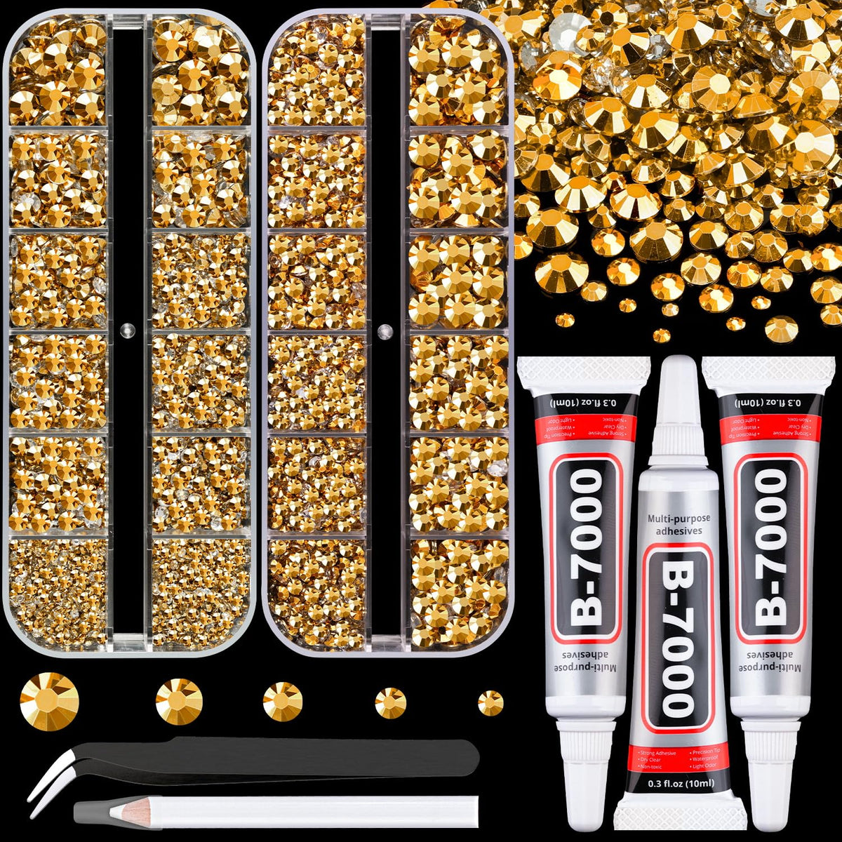 Resin Rhinestones for Crafting with B7000 Jewelry Glue, 2 Boxes Gold Flatback Crystals with 3Pcs 10ml Glue for Bedazzling Crafts DIY Nail Art Makeup，Non Hotfix Gems for Clothing Shoes