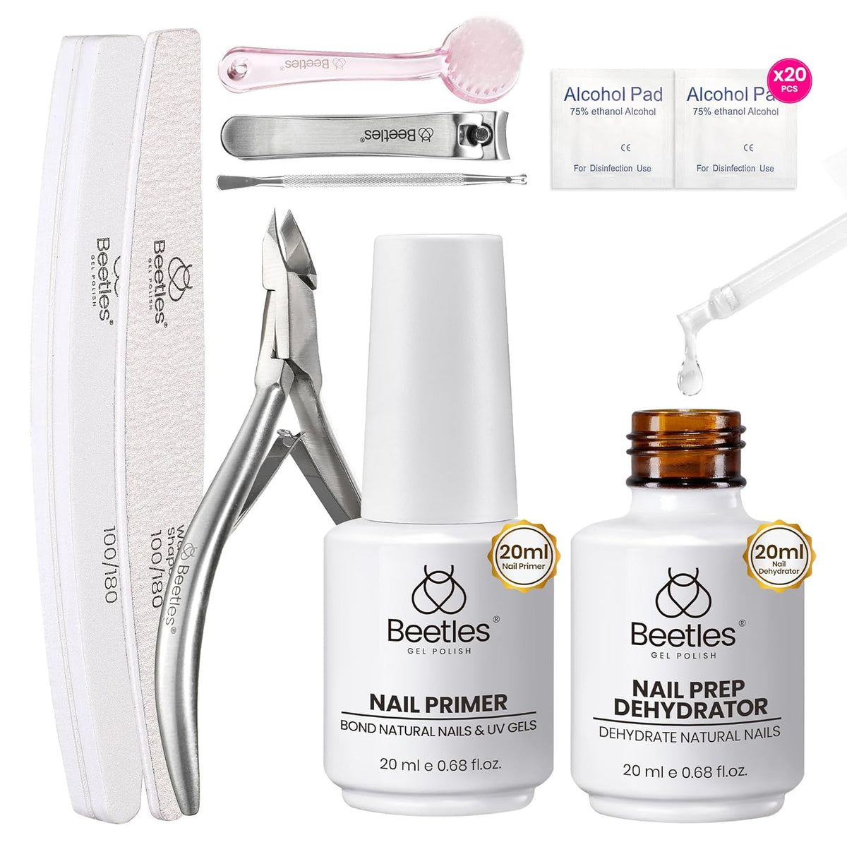 Beetles Nail Prep Kit Nail Dehydrator and Primer Nail Care Tool Kit 20ml Large Capacity Acid-Free & Hema-Free Dehydrate Bond Primer with Manicure Tools for Acrylic Nail Gifts for Women