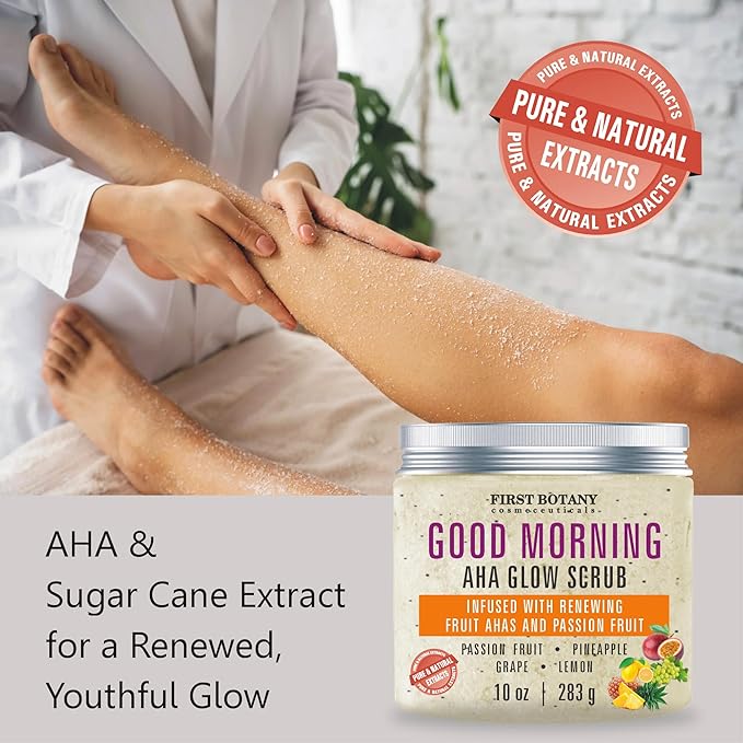 First Botany Body Scrub - Natural Exfoliating Salt Scrub & Body and Face Souffle helps with Moisturizing Skin, Acne, Cellulite, Dead Skin Scars, Wrinkles (10 fl oz, AHA Passion Fruit)